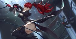  amamiya_ren ass gloves long_hair male persona persona_5 ponytail red_hair thighhighs vafar7 yoshizawa_kasumi 