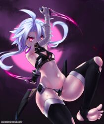  arm_up armpits ass bandaged_arm bandages bare_shoulders black_gloves black_panties black_thighhighs blood blue_hair cameltoe commentary cosplay crop_top dagger dual_wielding english_commentary fate/grand_order fate_(series) feet female full_moon gloves glowing glowing_eyes glowing_weapon groin highres holding holding_dagger holding_knife holding_weapon jack_the_ripper_(fate/apocrypha) jack_the_ripper_(fate/apocrypha)_(cosplay) jumping knee_up knife leg_up looking_at_viewer moon navel neptune_(series) night night_sky panties power_symbol power_symbol-shaped_pupils purple_moon red_eyes revealing_clothes sereneandsilent short_hair_with_long_locks shoulder_tattoo single_glove sky sleeveless solo stomach symbol-shaped_pupils tattoo thighhighs thighs torn_clothes torn_thighhighs underwear weapon white_heart_(neptunia) 