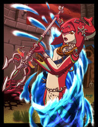  age_of_calamity anthro avian barn battle belt bird body_jewelry bracelet breasts breath_of_the_wild castle cloud crown dregadude dusk featureless_breasts female fighting_pose fin head_tail headgear hi_res hyrule_warriors jewelry magic marine melee_weapon mipha necklace nintendo open_mouth overcast pitchfork polearm pose red_sky sash sharp_teeth sky small_breasts solo stone_wall teeth the_legend_of_zelda tiara tools torch trident wall_(structure) water weapon whirlpool zora 