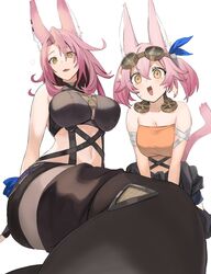  2girls absurdres animal_ear_fluff animal_ears bandages boots breasts commentary crop_top duel_monster ear_piercing ferret_ears ferret_girl ganesagi goggles goggles_on_head hair_between_eyes highres kitt_(yu-gi-oh!) large_breasts midriff multiple_girls navel open_mouth piercing pink_hair siblings sidelocks sisters sitting slit_pupils tail thigh_boots tri-brigade_ferrijit_the_barren_blossom tri-brigade_kitt twintails yellow_eyes yu-gi-oh! 