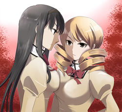  2girls akemi_homura asymmetrical_docking bad_id bad_pixiv_id black_hair blonde_hair breast_press breasts drill_hair eye_contact glaring large_breasts long_hair looking_at_another mahou_shoujo_madoka_magica mahou_shoujo_madoka_magica_(anime) medium_breasts mitakihara_school_uniform multiple_girls ra3 school_uniform tomoe_mami 