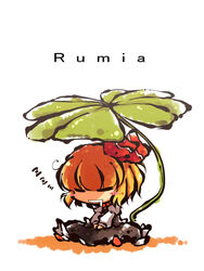  blonde_hair blush_stickers character_name chibi closed_eyes commentary_request drooling female hair_ornament jpeg_artifacts leaf leaf_umbrella mini_person minigirl okome_(kome_kuma) open_mouth rumia saliva short_hair simple_background sitting sleeping sleeping_upright solo touhou zzz 