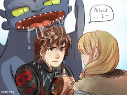  1boy astrid_hofferson blonde_hair blush braid commentary couple dragon drooling female green_eyes hair_over_shoulder hiccup_horrendous_haddock_iii holding_hands how_to_train_your_dragon how_to_train_your_dragon_2 kadeart long_hair saliva single_braid straight thick_eyebrows toothless 