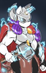  anthro armor avoid_posting breastplate cape clothing crossover duckdraw electricity equid equine female friendship_is_magic fur grey_background hair hammer hasbro headgear helmet hi_res horn lightning magic mammal marvel muscular muscular_female my_little_pony mythological_creature mythological_equine mythology plate_armor purple_hair rarity_(mlp) serious simple_background solo thor_(marvel) tools unicorn vambrace warhammer_(weapon) white_body white_fur 