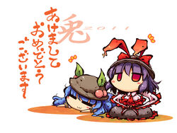  2011 2girls :3 =_= ^^^ blue_hair blush chibi commentary_request food fruit hat highres hinanawi_tenshi jitome long_hair multiple_girls nagae_iku okome_(kome_kuma) peach photoshop_(medium) purple_hair red_eyes sitting touhou translated 