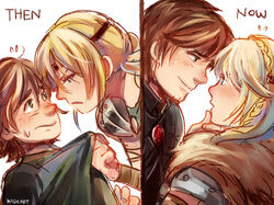  1boy aged_up astrid_hofferson blonde_hair blue_eyes blush braid brown_hair commentary comparison couple eye_contact female freckles grabbing_another&#039;s_chin green_eyes hair_over_shoulder hand_on_another&#039;s_chin hiccup_horrendous_haddock_iii how_to_train_your_dragon how_to_train_your_dragon_2 kadeart long_hair looking_at_another role_reversal shirt_grab short_hair single_braid straight sweatdrop 