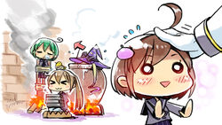  &gt;_&lt; 1boy 4girls :3 admiral_(kancolle) ahoge animal animal_on_head bird bound brown_hair burning_at_the_stake cauldron cha_(kancolle) chibi chick closed_eyes commentary_request fire hair_ornament hairband hat headpat hiyoko_(kancolle) ishidaki kantai_collection long_hair majokko_(kancolle) midori_(kancolle) multiple_girls nonco nose_bubble on_head photoshop_(medium) rashinban_musume school_uniform serafuku short_hair sleeping tied_to_stake tied_up_(nonsexual) torture triangle_mouth x3 