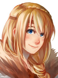  artist_name astrid_hofferson blonde_hair blue_eyes blush braid circlet closed_mouth commentary female hair_over_shoulder how_to_train_your_dragon how_to_train_your_dragon_2 kadeart long_hair portrait simple_background single_braid smile solo white_background 