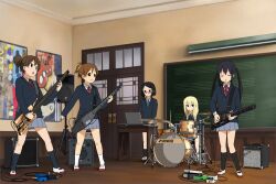  5girls amplifier band bass_guitar black_hair blonde_hair brown_hair commentary_request computer drum electric_guitar guitar highres hirasawa_ui instrument k-on! laptop multiple_girls nakano_azusa okuda_nao richard_crazyman saitou_sumire sakuragaoka_high_school_uniform school_uniform steinberger suzuki_jun twintails 