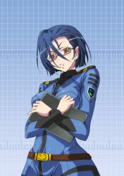  bad_id bad_pixiv_id blue_hair bodysuit earrings female fujisawa_takashi glasses hair_ornament hairclip jewelry niimi_kaoru solo uchuu_senkan_yamato uchuu_senkan_yamato_2199 uniform yellow_eyes 