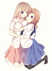  2girls bad_id bad_pixiv_id black_pantyhose blonde_hair blue_eyes blue_skirt blush fukuji_mihoko heterochromia hug kazekoshi_school_uniform kiyosumi_school_uniform kneeling long_hair multiple_girls pantyhose purple_eyes red_hair saki_(manga) school_uniform serafuku short_hair skirt smile takei_hisa tokumi_yuiko 