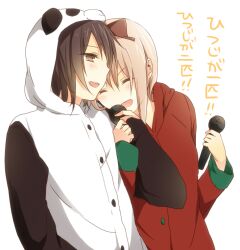  &gt;_&lt; 2girls :d animal_costume bad_id bad_pixiv_id black_hair blonde_hair bow buttons closed_eyes funami_yui hairbow microphone multiple_girls open_mouth pajamas panda_costume sao_(0060) smile tomato_costume toshinou_kyouko translated xd yuru_yuri 