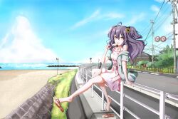  ahoge bare_legs barefoot beach building cat_hair_ornament cloud commentary_request day drawstring dress eating female fence flip-flops flower food foot_dangle from_side full_body guard_rail hair_between_eyes hair_flower hair_ornament highres holding holding_food horizon jacket kuroneko_(fragrant_olive) long_hair looking_at_viewer motor_vehicle motorcycle ocean off_shoulder on_railing open_clothes open_jacket original outdoors outstretched_leg pink_dress pink_eyes plant popsicle power_lines purple_eyes purple_hair railing road road_sign sandals shoe_dangle shoes sign single_sandal single_shoe sitting sky sleeveless sleeveless_dress solo_focus spaghetti_strap sundress traffic_barrier traffic_cone two_side_up utility_pole water 