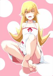  bad_id bad_pixiv_id bare_shoulders barefoot blonde_hair dress fangs feet female kichihachi long_hair monogatari_(series) nisemonogatari oshino_shinobu photoshop_(medium) pointy_ears solo toes yellow_eyes 