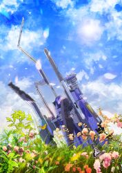  bad_id bad_pixiv_id bird blue_sky bug butterfly cloud damaged day flower from_ground grass key-chang lens_flare no_humans outdoors petals rvr-02b_brigandine sky spacecraft starfighter sun thunder_force thunder_force_v 