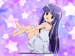  :o armpits bare_shoulders barefoot blue_hair blunt_bangs commentary_request dress female furude_rika higurashi_no_naku_koro_ni leaning_back leg_hold lolicon long_hair looking_back photoshop_(medium) purple_eyes shadow sitting smile solo star_(symbol) starry_background strap_slip sundress thighs toes utsuki 