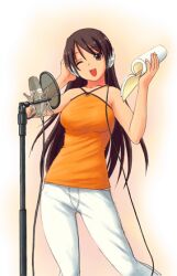  black_eyes breasts brown_hair female hand_on_own_ear headphones large_breasts microphone microphone_stand minazuki_tooru one_eye_closed open_mouth original pop_filter script solo studio_microphone usa-neesan 