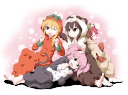  4girls :d akaza_akari animal_costume barefoot black_hair blonde_hair blue_eyes brown_eyes cat_costume closed_eyes commentary_request dog_costume feet funami_yui hair_bobbles hair_ornament hand_on_head highres hugging_object multiple_girls nose_bubble one_eye_closed open_mouth pajamas panda_costume pillow pink_hair red_hair ruu_(tksymkw) sleeping smile toes tomato_costume toshinou_kyouko twintails yoshikawa_chinatsu yuru_yuri 