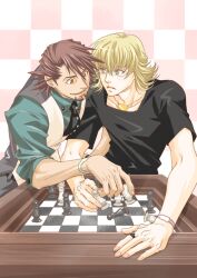  2boys barnaby_brooks_jr. blonde_hair board_game brown_eyes brown_hair chess chess_piece chessboard commentary_request facial_hair glasses green_eyes jewelry kaburagi_t._kotetsu multiple_boys necklace nyan_co3 playing_games shirt stubble t-shirt tiger_&amp;_bunny vest waistcoat 