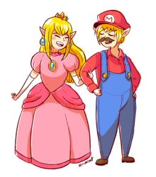  1boy blush closed_eyes commentary_request company_connection cosplay crown dress earrings elbow_gloves facial_hair female gloves hat jewelry link long_dress long_hair mario mario_(cosplay) mario_(series) moustache omocat pink_dress pointy_ears princess_peach princess_peach_(cosplay) princess_zelda smile sphere_earrings the_legend_of_zelda 