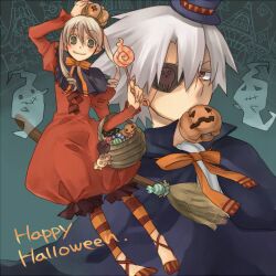  1boy blonde_hair bow bow_tie bows bowtie broom candy eyepatch female female food green_eyes halloween hat long_hair lowres maka_albarn male pumpkin red_eyes sharp_teeth short_hair smile soul_eater soul_eater_evans sweets twintails white_hair 