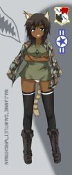  animal_ears bad_id bad_pixiv_id blue_eyes boots brown_hair camouflage commentary dakku_(ogitsune) dark-skinned_female dark_skin dog_tags female jacket jacket_on_shoulders open_mouth original panties photoshop_(medium) solo strike_witches_1991 tail thighhighs underwear very_dark_skin white_panties world_witches_series 