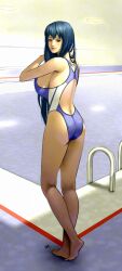  ass bad_deviantart_id bad_id bare_shoulders barefoot blue_hair breasts competition_swimsuit female from_behind huge_breasts indoors long_hair long_legs looking_at_viewer looking_back maken-ki! nijou_aki one-piece_swimsuit pool pool_ladder poolside racerback sideboob smile solo swimsuit wakino_keibun water 