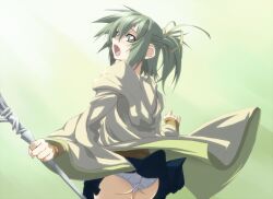  ass blush bow coat commentary_request duel_monster embarrassed female gloves green_eyes green_hair hair_ornament hairband holding long_hair mototenn open_mouth panties pantyshot ponytail robe sidelocks skirt solo staff underwear wynn_(yu-gi-oh!) wynn_the_wind_charmer yu-gi-oh! 