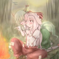  &gt;_&lt; 2girls :d ;) all_fours aosiro-michi bamboo bamboo_forest blush boots campfire cheek-to-cheek closed_eyes commentary_request cup dress drinking drunk ex-keine fire fog forest fujiwara_no_mokou grass green_hair grey_hair grin hand_on_head heads_together horns kamishirasawa_keine long_dress multiple_girls nature navel on_floor one_eye_closed open_mouth outdoors pants reeds shirt sitting smile suspenders tail touhou wetland xd 