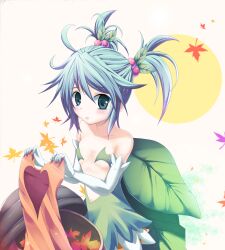  acorn ahoge aqua_eyes aqua_hair berry blush collarbone commentary_request dress elbow_gloves female gloves hair_bobbles hair_ornament konoha_(shinrabanshou) leaf momyi photoshop_(medium) shinrabanshou solo twintails wings 