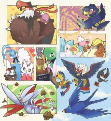  alcohol altaria archeops bird blush braviary cap death_note delibird flying hat heart honchkrow mandibuzz murkrow no_humans noctowl pelipper pidgeot pokemon rice rock rocks skarmory staraptor starly swellow wine xatu 