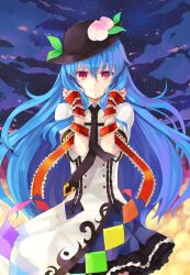  blue_hair cloud commentary_request dress female food frills fruit hao_(patinnko) hat hinanawi_tenshi long_hair looking_at_viewer necktie peach photoshop_(medium) red_eyes ribbon sky smile solo star_(sky) touhou very_long_hair wrist_ribbon 