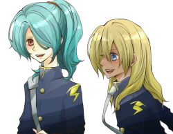  1boy androgynous blonde_hair blue_eyes blue_hair brown_eyes couple female female inazuma_eleven inazuma_eleven_(series) kazemaru_ichirouta long_hair male miyasaka_ryou open_mouth reverse_trap smile tomboy trap 