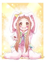  animal_costume animal_ears blush brown_eyes brown_hair commentary_request cosplay female ichihara_nina idolmaster idolmaster_cinderella_girls kigurumi long_hair natsu_(anta_tte_hitoha) rabbit_costume rabbit_ears sitting smile solo 