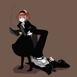  1boy bad_id bad_pixiv_id black_dress blazer brown_background colored_skin dragging dress female formal gloves hairband jacket lying necktie on_back pale_skin pant_suit pants pantyhose puffy_sleeves r0c r_dorothy_wayneright red_eyes red_hair roger_smith short_hair simple_background suit the_big_o translated upside-down white_skin 