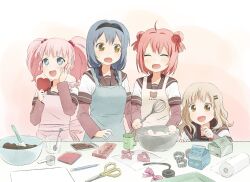  4girls :d :o ^_^ ahoge akaza_akari apron baking blonde_hair blue_eyes blue_hair bowl braid brown_eyes chocolate closed_eyes cookie_cutter cooking double_bun furutani_himawari hair_bobbles hair_bun hair_ornament hairband hairclip multiple_girls nanamori_school_uniform official_style oomuro_sakurako open_mouth photoshop_(medium) pink_hair red_hair school_uniform scissors serafuku single_hair_bun smile twin_braids twintails unyon v-shaped_eyebrows valentine whisk yoshikawa_chinatsu yuru_yuri 