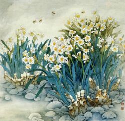  bee bug chinese_text cloud copyright_request daffodil flower leaf liang_yansheng nature nib_pen_(medium) no_humans outdoors rock scenery traditional_media tree 