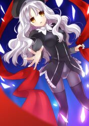  black_pantyhose blue_background caren_hortensia commentary_request dutch_angle fate/hollow_ataraxia fate_(series) female frills gradient_background grey_hair hand_up hat holding inverted_moon_of_the_heavens kurot layered_sleeves long_hair open_mouth outstretched_hand pantyhose puffy_sleeves reaching red_scarf scarf shroud_of_magdalene simple_background solo thighhighs wavy_hair yellow_eyes 