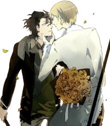  2boys blonde_hair bouquet fate/stay_night fate/zero fate_(series) flower gilgamesh lancer_(fate/zero) male male_focus multiple_boys suou 