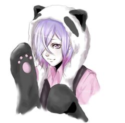  animal_costume black_vest collar costume hood inga looking_away lowres male male_focus panda_costume paw_pose pink_shirt purple_eyes purple_hair shirt short_hair smile smirk solo un-go vest yaoilollipop7 