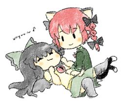  2girls animal_ears belly_rub black_hair bow braid cat_ears cat_tail drawfag kaenbyou_rin lowres multiple_girls red_hair reiuji_utsuho tail third_eye touhou unyu 