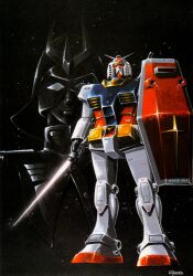  1970s_(style) 1boy absurdres char_aznable earth_federation energy_sword gundam helmet highres mecha military military_uniform mobile_suit_gundam official_art ookawara_kunio production_art retro_artstyle robot rx-78-2 scan shield signature space star_(symbol) sword traditional_media uniform weapon zeon 