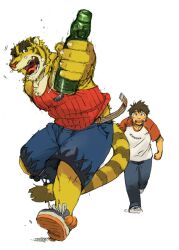  anthro belt beverage biceps bottomwear clothing duo felid footwear gamma-g hiroyuki_(morenatsu) human lemonade male mammal morenatsu muscular open_mouth pantherine pants shirt shoes shorts simple_background tank_top teeth tiger tongue topwear torahiko_(morenatsu) white_background 