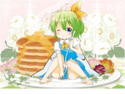  bad_id bad_pixiv_id bare_legs barefoot berry_jou blue_eyes blush butter daiyousei female flower food fork green_hair hair_ribbon mini_person minigirl one_eye_closed pancake pancake_stack photoshop_(medium) plate ribbon shirt side_ponytail sitting skirt skirt_set smile solo touhou wings 