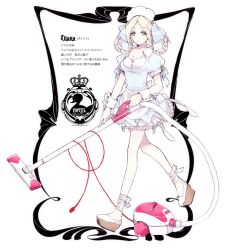  animal ankle_ribbon apron bad_id bad_pixiv_id bird blonde_hair braid crown dress female grey_eyes hair_ribbon holding jitome leg_ribbon maid maid_headdress miniskirt original platform_footwear puffy_sleeves ribbon simekirikowai skirt solo translation_request twin_braids uniform vacuum_cleaner walking wrist_cuffs 