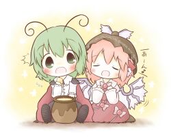  2girls ^^^ animal_ears antennae bad_id bad_pixiv_id blush brown_dress cape chibi closed_eyes dress flying_sweatdrops green_eyes green_hair hand_to_own_mouth hands_on_own_chest hat honey honeypot multiple_girls music musical_note mystia_lorelei oerba_yun_fang open_mouth pants pink_hair pot shirt short_hair singing sitting south114 touhou wings wriggle_nightbug 