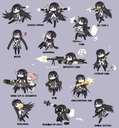  2girls :&lt; akemi_homura akemi_homura_(magical_girl) ammunition_belt anger_vein annotated at4 bespectacled bipod black_hair braid bullet_hole casing_ejection chibi cocking_gun commentary_request desert_eagle dual_wielding fgm-148_javelin firing glasses golf_club gun gunkata hair_ribbon hairband handgun headshot highres holding homu ithaca_m37 jon_henry_nam kaname_madoka kyuubee left-handed light_machine_gun long_hair looking_through_scope m-388_davy_crockett m249 machine_gun madoka_runes magical_girl mahou_shoujo_madoka_magica mahou_shoujo_madoka_magica_(anime) mitakihara_school_uniform move_chart multiple_girls multiple_persona muzzle_flash one_eye_closed pantyhose pink_hair pump_action purple_eyes radiation_symbol red-framed_eyewear ribbon rifle rocket_launcher rpg-7 rpg_(weapon) school_uniform shell_casing shield short_hair shotgun smoke smoking_barrel sniper_rifle translated twin_braids typo weapon 