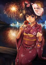  absurdres aerial_fireworks bag bagged_fish black_hair blush brown_eyes candy_apple commentary_request female fireworks fish flower food fox_mask goldfish hair_flower hair_ornament highres holding japanese_clothes kimono ks_(xephyrks) looking_at_viewer mask night night_sky obi open_mouth original outdoors photoshop_(medium) quarterly_pixiv_6_yukata_&amp;_wafuku red_kimono sash short_hair sitting sky solo tongue water yukata 