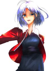  ahoge blue_eyes blue_hair commentary_request female fur_trim highres jacket japanese_clothes kara_no_kyoukai kimono negiko obi red_jacket ryougi_shiki sash short_hair simple_background smile solo white_background 