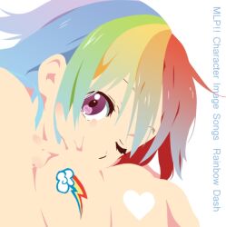  album_cover_redraw cutie_mark derivative_work female heart k-on! miraclenight multicolored_hair my_little_pony my_little_pony:_friendship_is_magic one_eye_closed personification purple_eyes rainbow_dash_(mlp) rainbow_hair solo tainaka_ritsu tattoo 